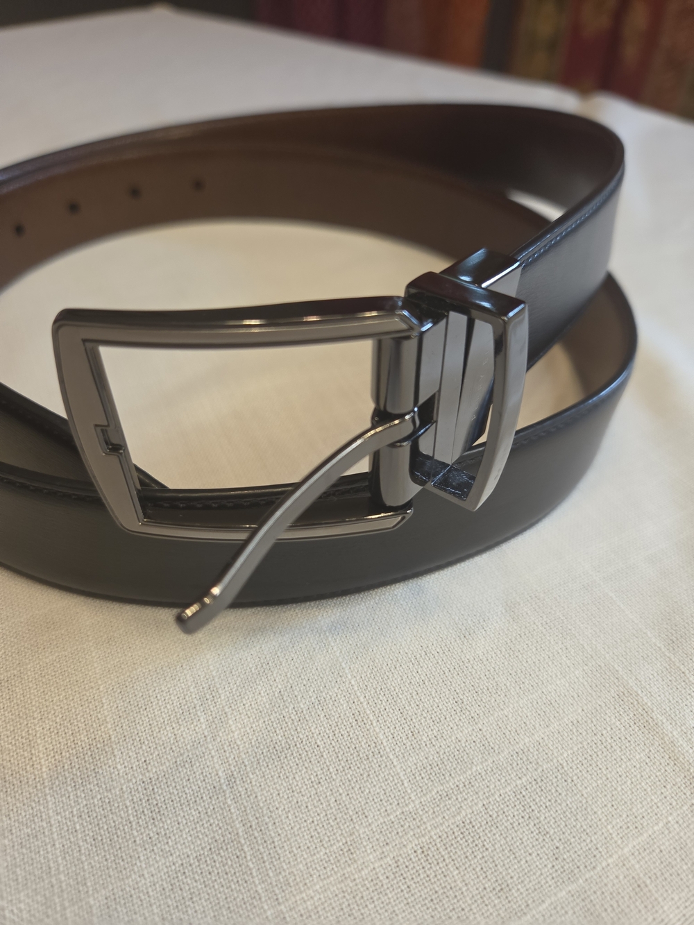 Perry Ellis Reversable Leather Dress Belt with Polished Silver Buckle